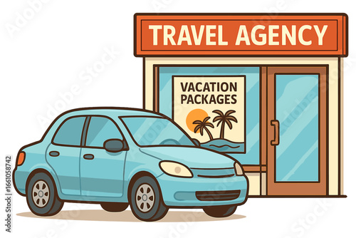 Travel agency storefront with vacation packages sign. Car parked for booking holiday trip. Concept of tourism, getaway, journey and adventure. Vector cartoon transport illustration.