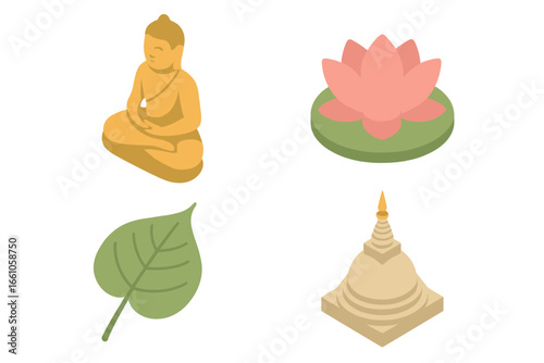 Buddhist symbolism icon set. Isometric vector collection of spiritual symbols. Buddha statue, lotus flower, Bodhi leaf, and stupa. Religion, meditation, and enlightenment concept.
