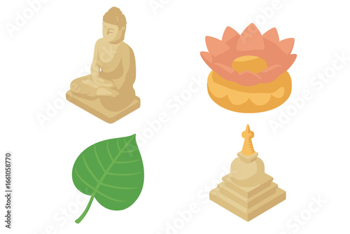 Buddhist symbolism isometric icon set. Buddha statue, lotus flower, Bodhi tree leaf, stupa icons. Vector illustration for spirituality, meditation, religion, enlightenment, peace.