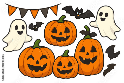 Set of cute Halloween elements. Cartoon vector collection with jack o'lantern pumpkins, friendly ghosts and bats. Spooky autumn party decoration icons for kids. Isolated fall clipart.