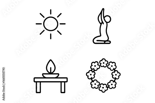 Vector outline icons for Surya Namaskar, solar worship, and Hindu puja rituals. Includes sun symbol, yoga pose silhouette, altar with diya lamp, and a flower garland mala.