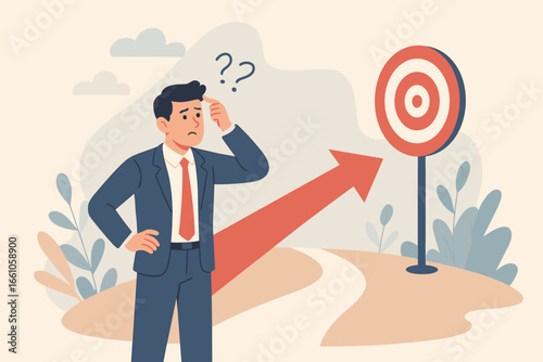 Confused businessman finding purpose and motivation. Challenge to define business target. Objective and life meaning concept. Existential crisis vector illustration. Goal path.