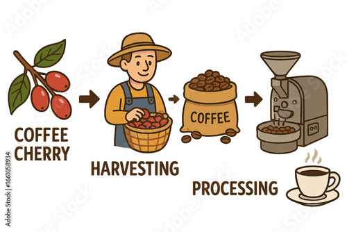 Coffee production process infographic. From cherry to cup. Farmer harvesting beans, roasting machine, and coffee cup. Vector illustration showing the journey of a coffee bean.