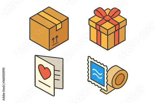 Care package isometric icon set. Vector symbols for shipping, mail, and delivery service. Includes gift box, cardboard parcel, love card, stamp, and tape. Charity, donation concept.