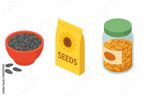 Isometric sunflower seeds snack set. Vector icons of roasted seeds in a bowl, seed packet, and jar with flavored kernels. Healthy organic food product illustration for packaging.