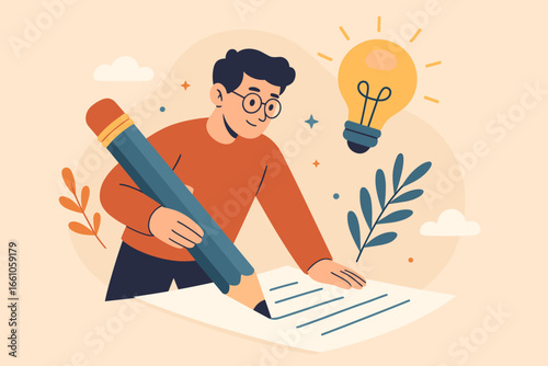 Copywriter or blogger with creative idea and inspiration for writing. Imagination for success, talent, skill concept. Smart man using big pencil, lightbulb moment. Storytelling.