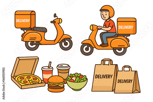 Food delivery service set. Vector cartoon illustration of courier on scooter, pizza, burger, salad, drinks, and takeout bags. Fast food online order and meal delivery concept.