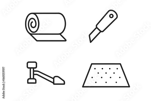 Carpet installation outline icon set. Vector symbols of flooring process: carpet roll, utility knife, knee kicker stretcher tool and floor covering piece. Home improvement.