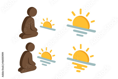 Isometric sunrise icon set with kneeling figure. Vector for prayer, meditation, spirituality, and hope. Sun rising over water horizon. Concept for dawn, worship, and new beginnings.