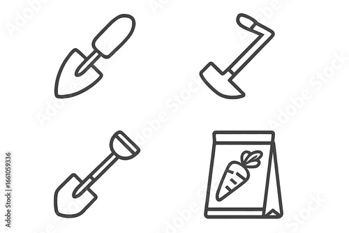 Carrot cultivation linear icon set. Vector symbols of gardening and farming tools. Hand trowel, hoe, spade, carrot seed packet. Agriculture, horticulture, planting concept.