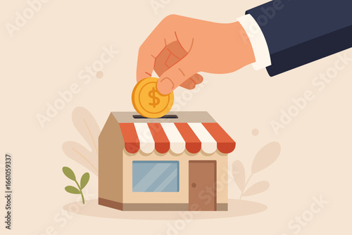 Funding small business concept. Backing startup project or banking loan to start a new company. Investment or savings to open a new shop. Businessman hand investing a coin.