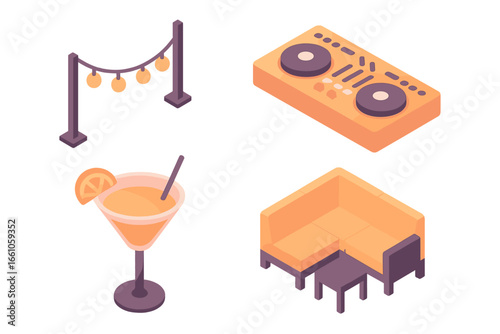 Rooftop party isometric icon set. Sunset lounge vibe with a DJ mixer, cocktail, sofa, and string lights. Vector graphic element for an event, celebration, bar, or music festival.