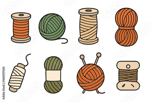 Sewing and knitting vector icon set. Collection of thread spool, yarn ball, bobbin and skein. Handmade craft, needlework hobby or tailor shop cartoon illustration elements.