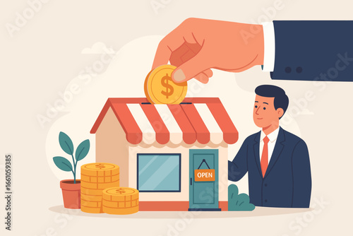 Funding small business concept. Backing startup project with banking loan. Investment for new business. Hand putting coin in shop money box. Financial support for entrepreneur.