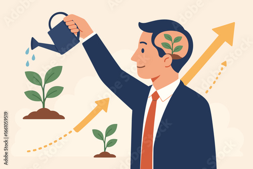 Growth mindset concept. Businessman watering a plant in his brain. Metaphor for personal development, positive attitude, learning, self-improvement, knowledge, and motivation.