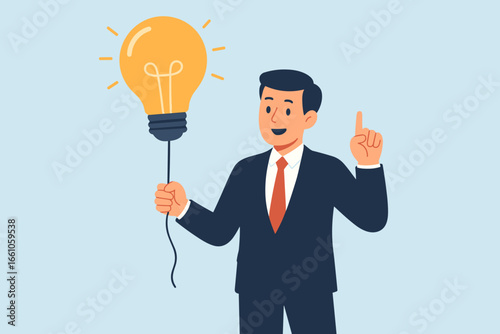 Helpful tips for business concept. Smart businessman holding lightbulb balloon as useful ideas, smart trick to success. Advice or suggestion, information for improvement.