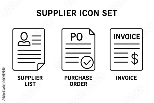 Supplier and procurement line icon set. Outline icons for vendor management, purchase orders, and invoicing. Includes supplier list, PO form, and financial invoice document.