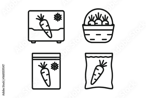 Carrot storage icon set. Outline symbols for food preservation methods like freezing, refrigeration in a drawer, and storing in a root cellar basket. Vector graphic concept.