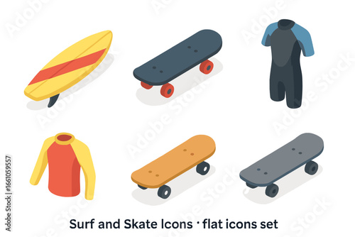 Surf and skate culture icons set. Isometric flat vector illustration of summer sports equipment. Collection includes surfboard, skateboard, wetsuit, and rash guard for graphic design.