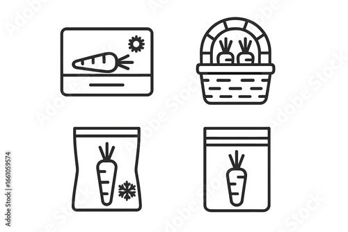 Carrot storage methods icon set. Outline icons for vegetable preservation. Includes refrigeration drawer, freezing bag, and root cellar basket. Vector illustration for food storage.