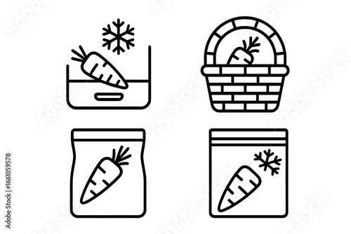 Carrot storage methods icon set. Outline vector icons for food preservation. Includes refrigeration drawer, freezing bag, and root cellar basket for vegetable conservation.