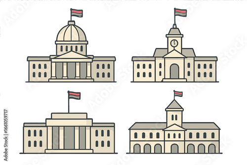 Government building icon set. City hall, courthouse, university, capitol vector illustrations. Flat design public institution architecture. Statehouse, bank, municipal building concept.