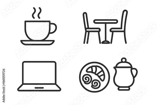 Coffee shop line icon set. Vector symbols for cafe menu, freelance work, or coffee break. Includes coffee cup, table, chair, laptop, pastry, croissant, sugar pot. Breakfast.