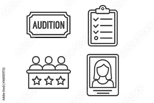 Casting call and audition line icons. Set includes ticket, judge panel, portfolio headshot, and checklist. Vector concepts for talent search, job interview, acting, and HR recruitment.