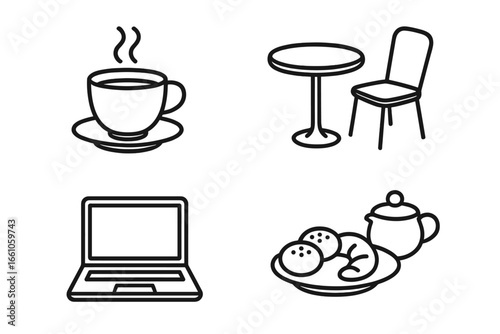 Coffee shop icon set for remote work and cafe themes. Simple outline vector icons of a coffee cup, table, chair, laptop, and breakfast pastries. For freelance concept design.