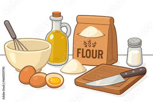 Baking and cooking ingredients set for culinary preparation. Vector cartoon illustration of flour, egg, oil, salt, bowl, whisk, and knife. Food recipe concept for the kitchen.