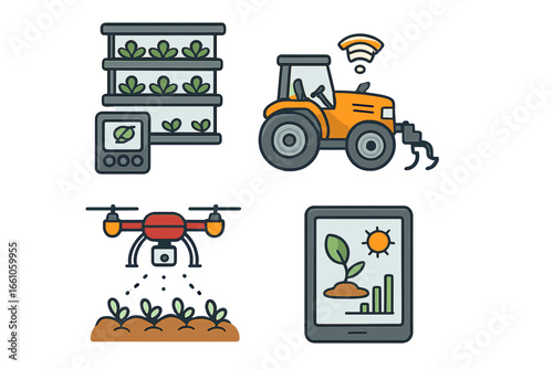 Smart farming technology icon set. Agricultural innovation with a drone, autonomous tractor, vertical farming, and data analysis. Agritech, precision agriculture vector icons.