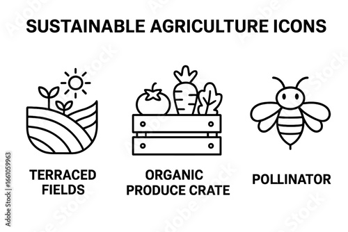 Sustainable agriculture thin line icons. Eco farming, local food, and organic produce concepts. Vector set with terraced fields, vegetable crate, and pollinator bee symbols.