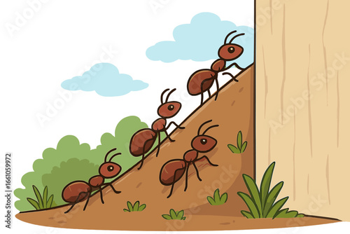 Cartoon ants in a line climbing a hill. Concept of teamwork, perseverance, and determination. Insect colony marching in order. Vector illustration for nature or business.