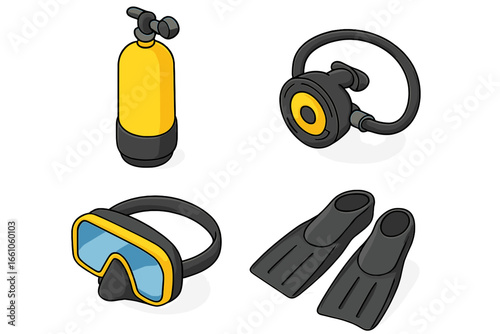 Scuba diving equipment icon set. Isometric vector illustration of cave diving gear: scuba tank, regulator, mask, and fins. Underwater sport and recreation concept design.