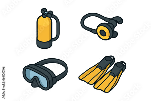 Cave diving gear icon set. Isometric vector icons of scuba equipment for technical divers. Includes scuba tank, regulator, dive mask, and fins for underwater exploration.