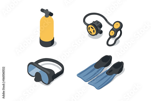 Isometric scuba diving equipment icon set. Vector illustration of diver gear. Includes scuba tank, regulator, dive mask, and fins. Concept for water sports, travel, and adventure.