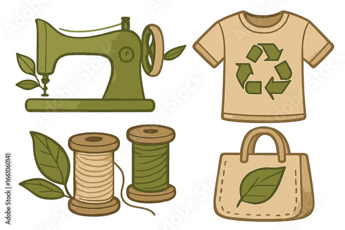 Sustainable fashion vector set. Eco-friendly clothing elements with sewing machine, natural fabric, recycled shirt, eco bag. Slow fashion & conscious consumption illustration.