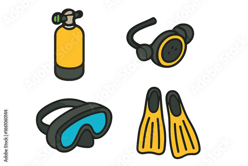 Scuba diving gear icon set. Isometric vector illustration of equipment for divers. Includes scuba tank, regulator, dive mask, and fins. Underwater sport and recreation concept.