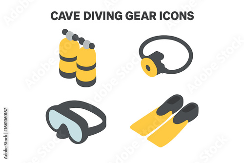 Isometric Cave Diving Equipment Icon Set. Scuba Tanks, Regulator, Dive Mask, Fins. Underwater Adventure Gear Collection. Flat Vector Illustrations for Extreme Sports Safety, Exploration