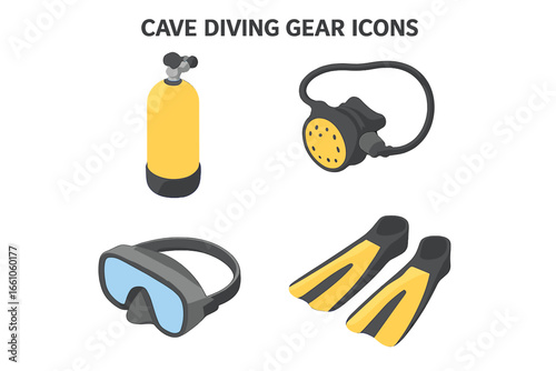 Cave diving gear icons. Isometric flat icon set of cave diving equipment: scuba tank, regulator, dive mask, and fins. Underwater vector illustration for extreme sport or hobby.