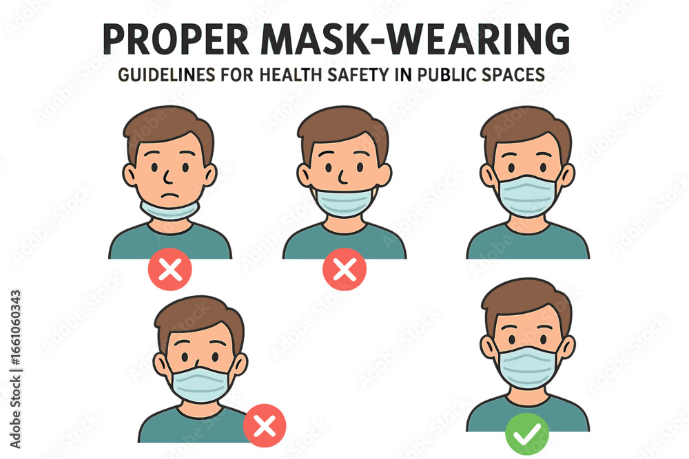 Fototapeta premium Proper mask wearing guidelines. How to wear a face mask correctly for health safety. Wrong and right way for virus and covid-19 protection during pandemic. Prevention concept.