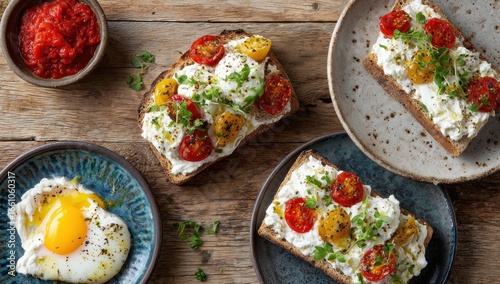Delicious open-faced toast topped with poached eggs and roasted tomatoes.