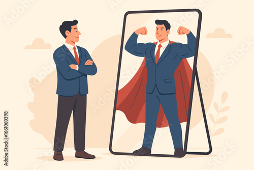Businessman with self-confidence sees a superhero in the mirror. Concept of ambition, motivation, success, believing in yourself, determination for goals, and inner strength.