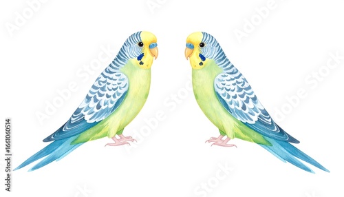 Two Watercolor Budgies with Blue and Yellow Plumage on a White Background.