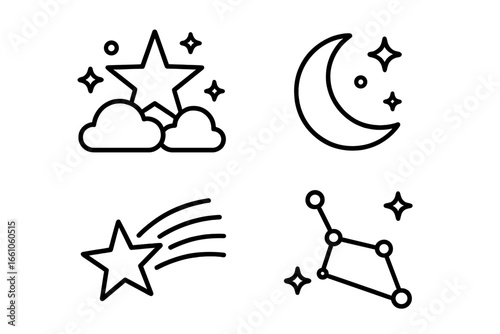 Celestial astronomy icon set. Outline vector illustration of night sky symbols with starry sky, crescent moon, shooting star, constellation, cosmic space, astronomy elements. Isolated clipart