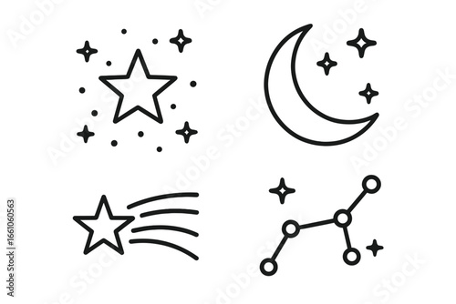 Celestial icon set outline. Starry sky, crescent moon, shooting star, constellation pattern vector illustration. Astronomy, night sky, cosmic symbols, mystical signs, linear celestial design