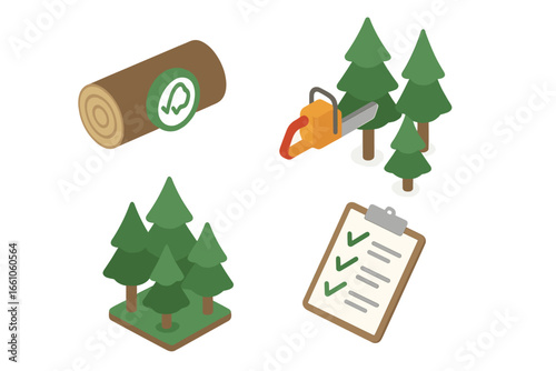 Isometric Sustainable Forestry Vector Icon Set. Certified Timber Log Symbol, Selective Logging Equipment, Managed Forest Plantation, Environmental Checklist. Eco-Friendly Forest Management Concepts