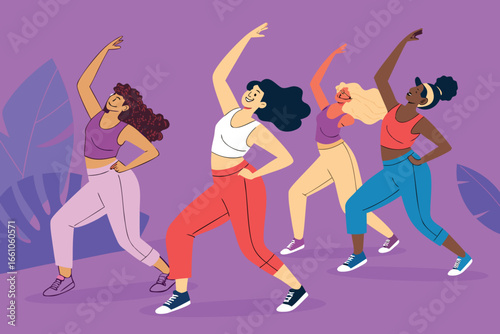 Energetic group of women executing bold Zumba dance moves, vibrant, dynamic, fitness, active, healthy lifestyle.