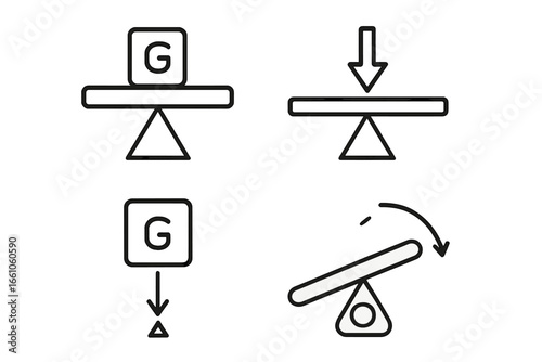 Center of Gravity Physics Icons Set. Outline Vector Symbols of Balance Scale, Fulcrum Point, Weighted Object, Torque, Lever Principle, Moment of Force, Science Education, Mechanics Concept