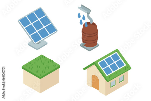 Sustainable home eco icons set. Isometric vector solar panels, rainwater harvesting barrel, green roof, renewable energy house, eco friendly construction, green building, home sustainability concept